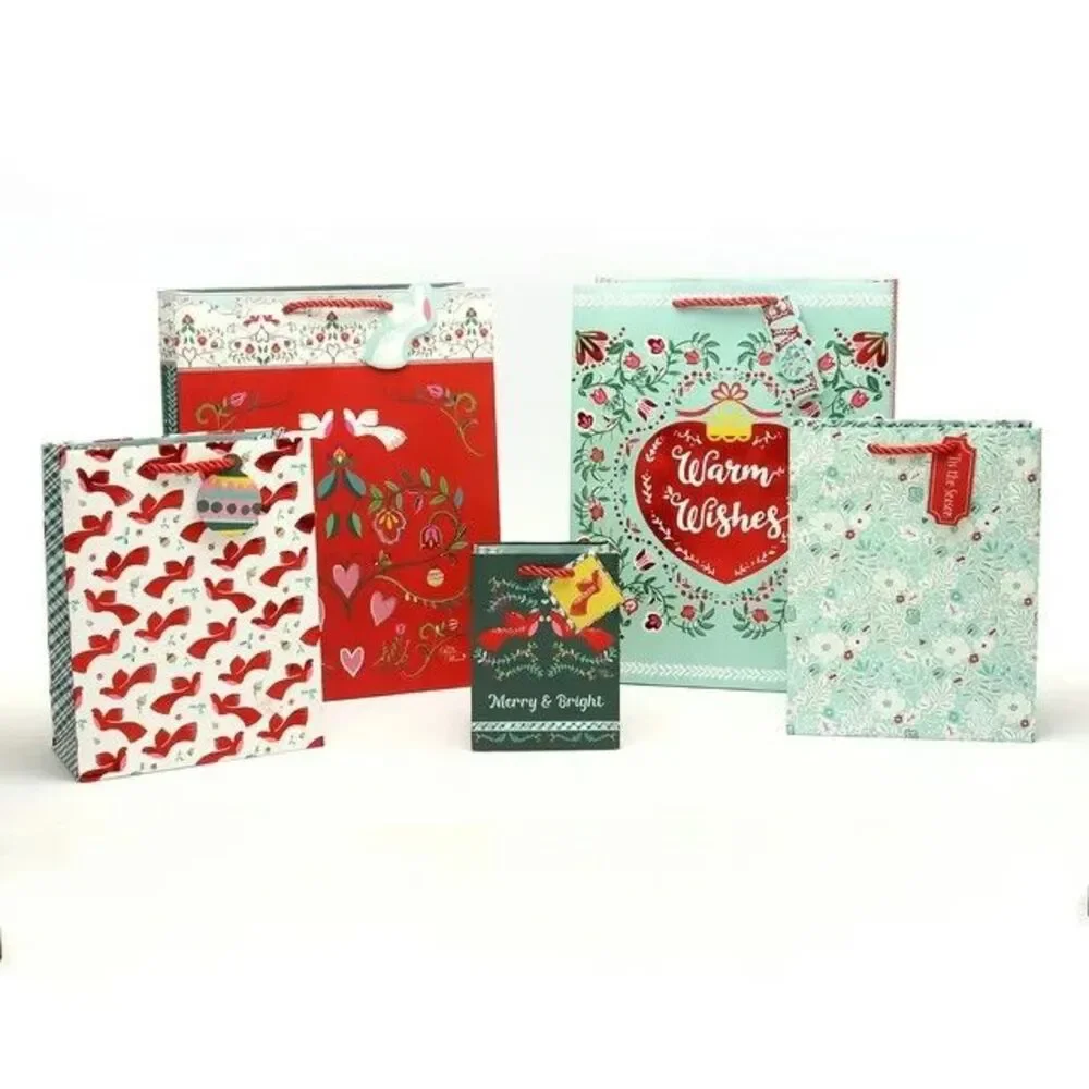 Pioneer Woman Christmas Gift Bag 5ct Set Foil or Glitter Paper Bird Floral Green